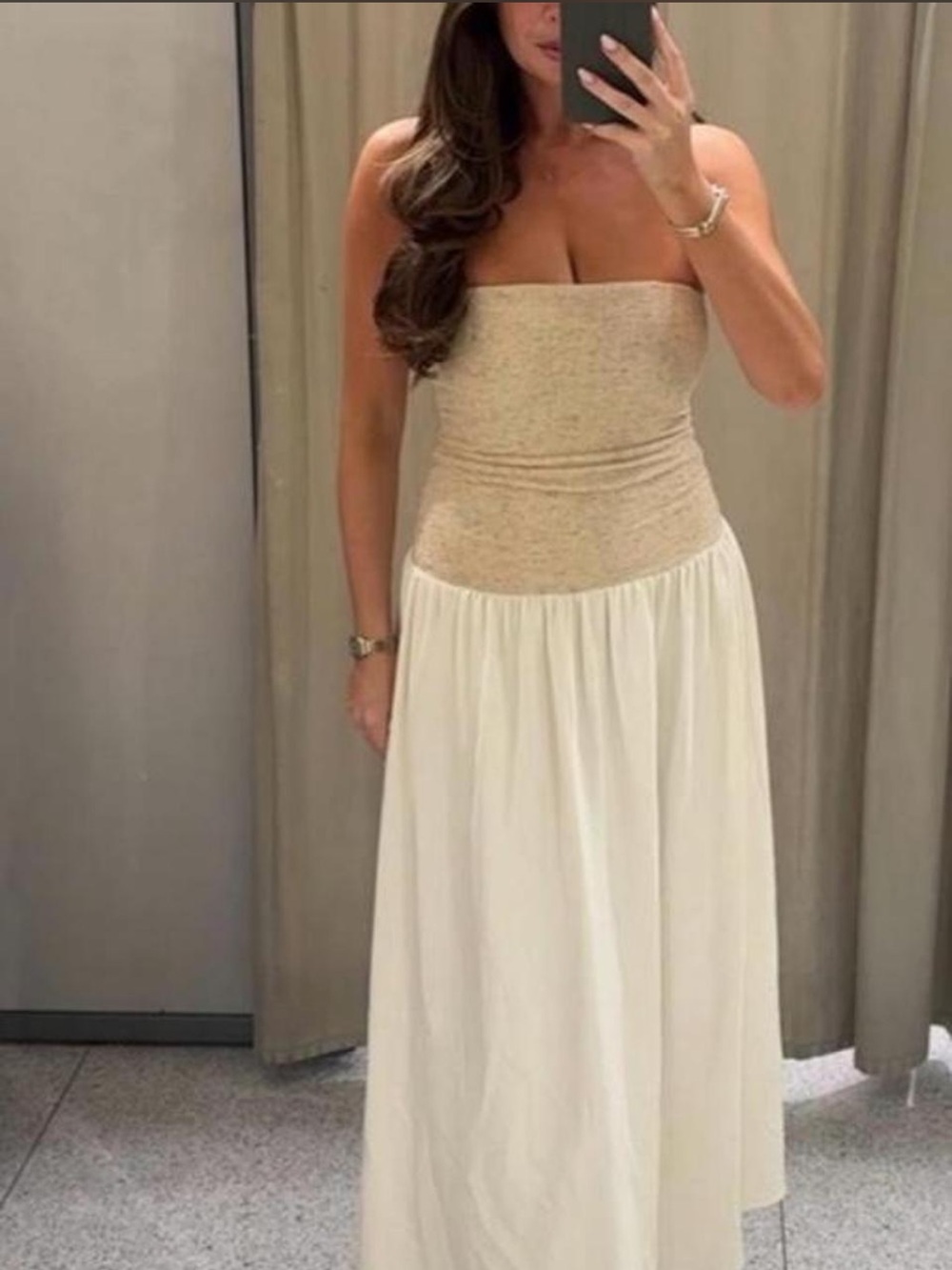 Zara Strapless Two-Tone Maxi Dress in Beige & Cream